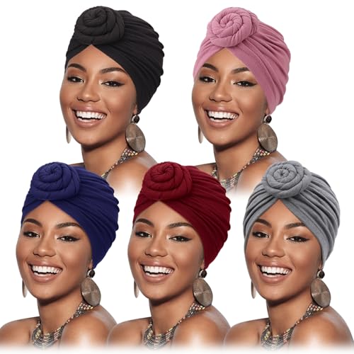 Image of DRESHOW 5 Pack Knotted Headwraps for Women African Turban Pre-Knotted Beanie Headwraps Hair Covers