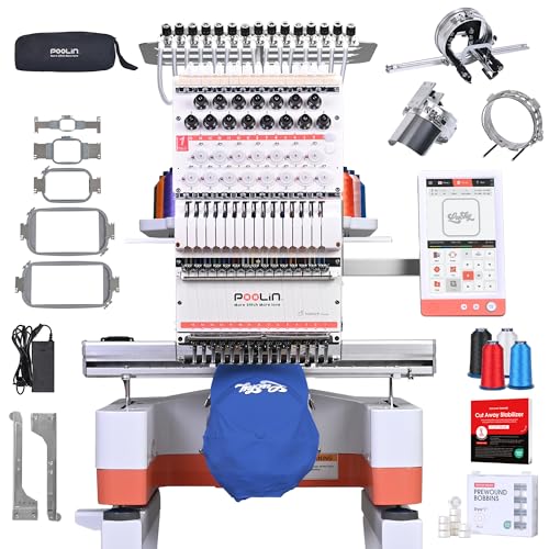 Poolin EOM 15 Needles Embroidery Machine,14.2'×9.5',Embroidery for Hats,Caps,Patches,Sweatshirts,Beginner-Friendly,9' Touch,1200 SPM,Auto Color Change & Trim,Wi-Fi/USB,Includes Digitizing Software