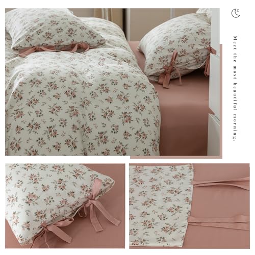VM VOUGEMARKET Peach Flower Bedding Set King Chic Girls Floral Duvet Cover with Zipper Closure 100% Cotton Blush Pink Comforter Cover Set(3 pcs,104x90)