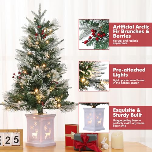 Christmas Tree, 3 Ft Pre-Lit Artificial Christmas Trees with Potted Base, Snow Flocked Small Christmas Tree with 70 Lights, Christmas Decoration, Battery Operated Timer Function