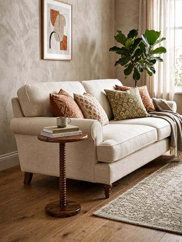 Image of REDWOOD Sheesham Wood End Table | Round Sofa Side Table for Living Room, Bedroom & Lounge | Modern Accent Unit with Decorative Turned Pedestal Base | Compact Space Saving Furniture | Walnut Finish