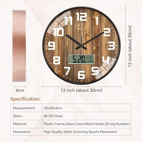Image of Ash & Roh 12 Inch Silent Quatrz and Non-Ticking Wall Clock with Easy to Read Number and Analog Display Stylish & Decorative Design for Office, Living Room, Bedroom (Rosewood Digital)