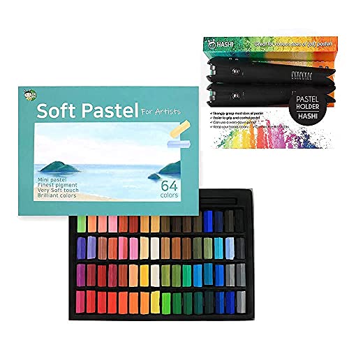 HA SHI Soft Pastels (64 Colors) + HASHI Chalk Pastel Holder (2pcs 1set)