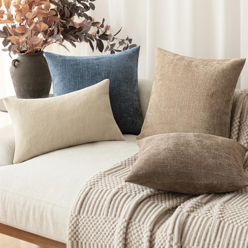 Image of Foindtower Pack of 2 Textured Chenille Throw Decorative Pillow Covers Square Accent Solid Cushion Cover Neutral Farmhouse Lumbar Pillow Case for Couch Sofa Bedroom Living Room 12x24 Inch,Blue