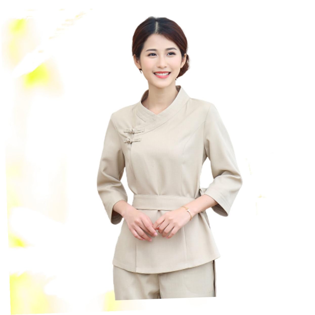 Combinaison Professionnelle pour Technicienne en Esthétique Beige, Légère et Pliable en Polyester et Spandex, pour Coloration de Cheveux et Spa, 1 Set