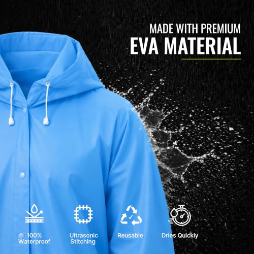 Image of Robustt EVA Reusable Raincoat with Hood (Sky Blue) - Pack of 1 | Elasticated Full Sleeves Outdoor Waterproof Raincoat for Men & Women | Rainwear | Button Closure | Knee Length | Universal Fit