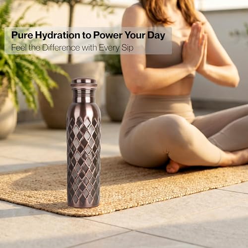 Image of Pure Copper Water Bottle, Copper Drinking Bottle Diamond Cut, 32 oz Antique | 100% Pure Copper, Antique Diamond Cut Finish, Leak-Proof Cap, Ayurvedic use, Includes Cleaning Brush