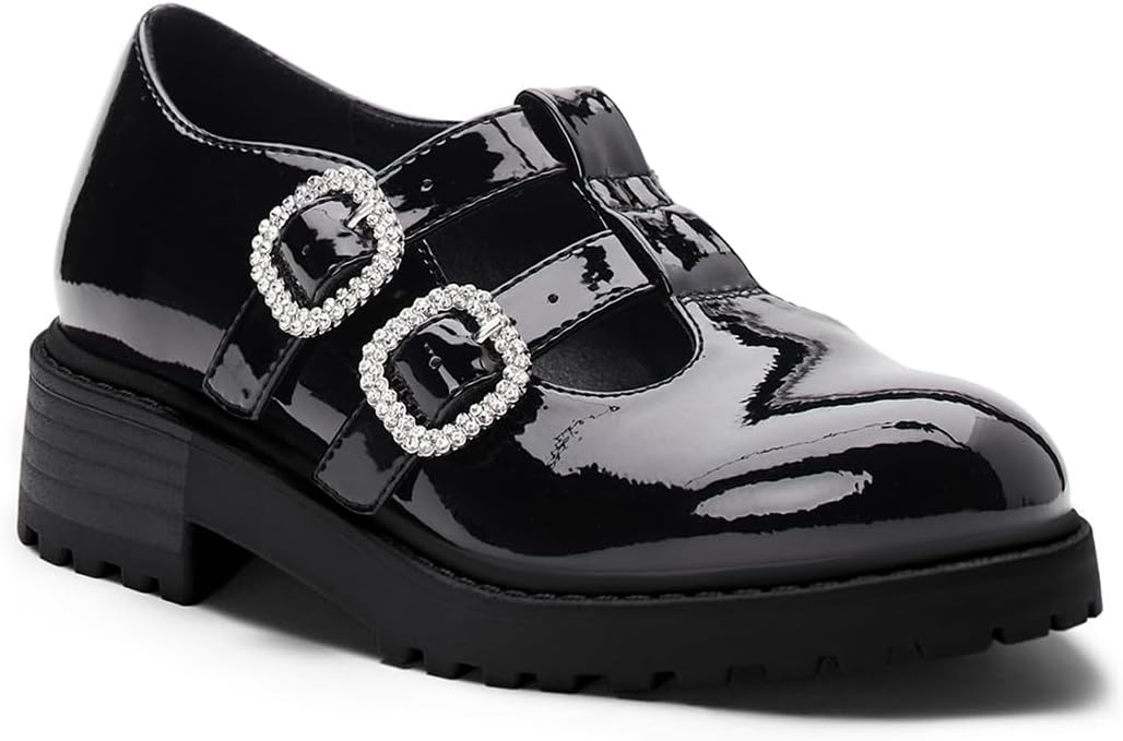 Coutgo Girls Mary Jane Shoes Platform Rhinestone T-Strap Chunky Block Heel Leather School Uniform Shoes