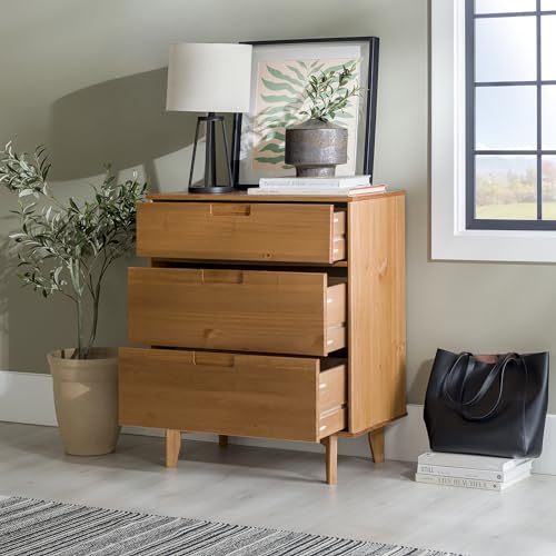 Walker Edison 3 Drawer Mid Century Modern Wood Dresser Bedroom Storage Drawer and Shelf Bedside End Table, 3 Drawer, Caramel