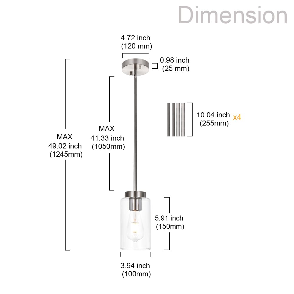 Candelabros de una sola luz, iluminación colgante de vidrio transparente moderno, níquel cepillado, accesorios de iluminación para comedor, lámpara contemporánea, luces de techo semiempotradas 5