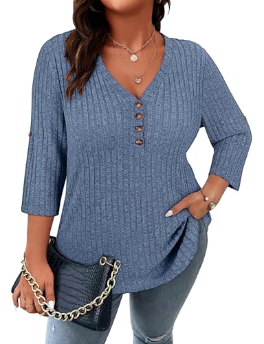 Image of Koscacy Women Plus Size V Neck 3 /4 Roll Sleeve Sweater Casual Knit Tops Solid Color Blouses
