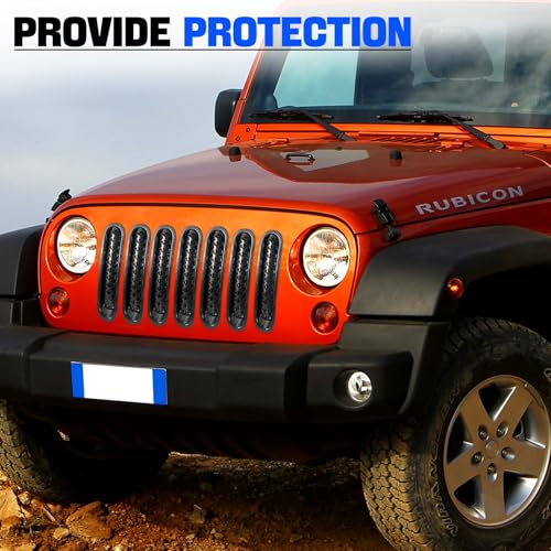 Image of Front Grill Mesh Inserts for 2007 2008 2009 2010 2011 2012 2013 2014 2015 2016 2017 2018 Wrangler JK JKU, Matte Black Clip-in Grille Guard Cover Trim