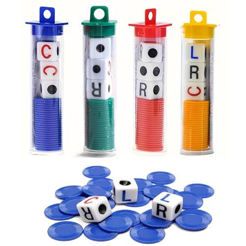 hioseyre 4 Tubes Left Right Center Dice Game 4 Color Interactive 6 Sided Round Corner Dice Set Fun Games with 12 Dices + 96 Chips for Family Camping Gamedice games