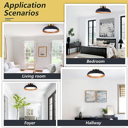Image of Bargeni Flush Mount Ceiling Light, Black with Wood-Grain Finish,12.5 inch