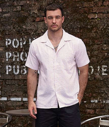 Image of VATPAVE Mens Striped Summer Shirt Casual Button Down Short Sleeve Beach Shirts Cotton Shirts for Men