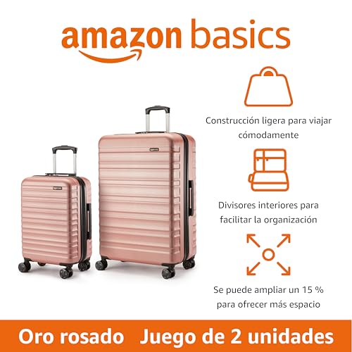 Infografía sobre el juego de maletas Amazon Basics en color oro rosa, resaltando construcción ligera, divisores internos y capacidad ampliable.