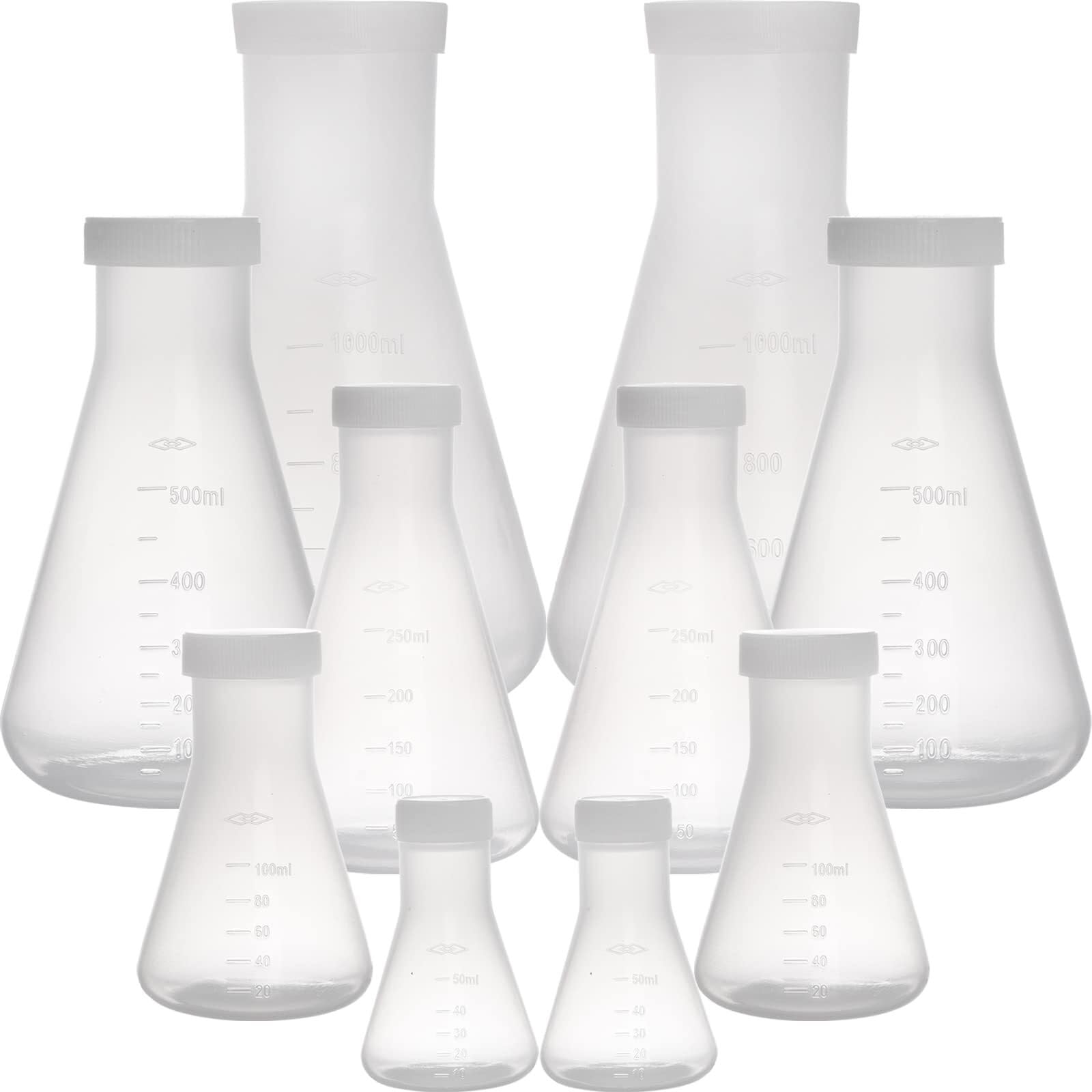 Set aus 10 Kunststoff-Erlenmeyer-Kolben, Enger Hals mit Schraubverschluss, Labor-Kegelkolben mit Skalierung (50ml bis 1L)