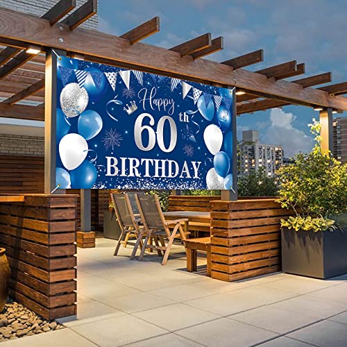 Image of 60th Birthday Banner Backdrop,BTZO Happy 60th Birthday Decorations,Blue Silver Fabric Photo Backdrop Background for Men and Women 60th Birthday Party,70.8 x 43.3Inch