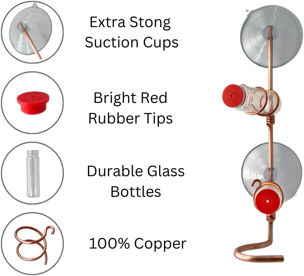 Window Hummingbird Feeder | Handcrafted Copper and Aluminum | Multiple Stations | Modern Hummingbird Feeder | Home Décor | Glass Bottles | Suction Cups (Copper, Two Station)