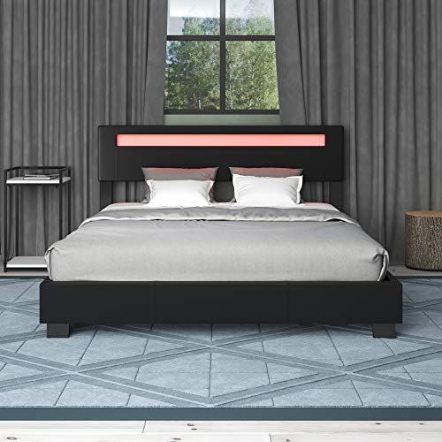 Ztozz Parma Led Bed Frame Queen Size - Contemporary Modern Low Profile Platform Bed With 16 Colors Led Adjustable Headboard And Pu Leather Upholstery - Black Color #TOP6