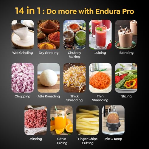 Prestige Endura Pro 1000 Watt Multi Functional Mixer Grinder | Heavy-Duty Ball Bearing Copper Motor | 6 Jars with Food Processing Attachments | 14 Functions in One | 5Y Motor Warranty view 2