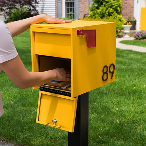 Image of Adoorn Lockable Post Mount Mailboxes for Outside - Large Anti-Theft Locking Mailbox for Packages and Letters - Weatherproof Construction - Durable Steel - 15.5 inch H x 12 inch W x 18.5 inch D - Yellow