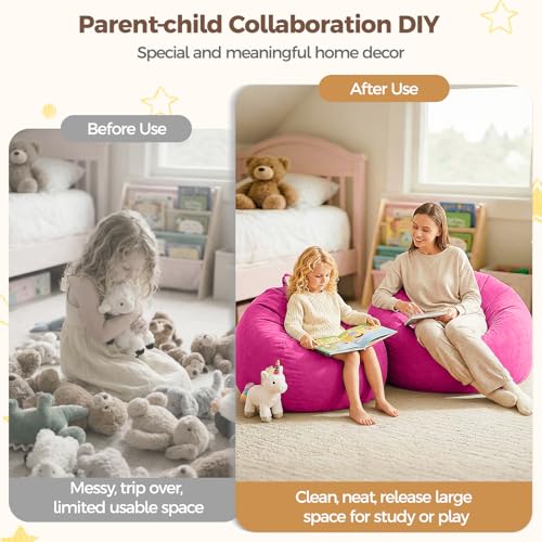 Image of Stuffed Animal Storage Bean Bag Chair Cover for Kids (No Filler), Soft Comfy Velvet Beanbag Chair Cover Machine Washable, Kids Bean Bag Chair with Handle for Living Room Bedroom Dorm, Hot Pink