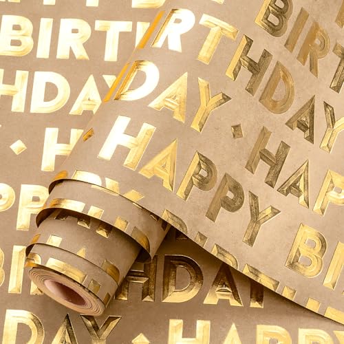 Homeral 3D Kraft Birthday Wrapping Paper Roll - Mini Roll - 17 Inch x 16.5 Feet - Happy Birthday Letters with Gold Metallic Foil Shine Gift Wrap for Boys Girls Baby Shower