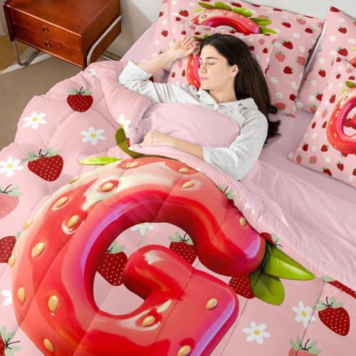 Image of Feelyou Cute Girls Strawberry King Comforter Set with Sheets for Kids Boys Girls Pink Red Princess Strawberry 7 Pieces Bedding Set Initial Letter G Bed in a Bag Room Decor Soft Lightweight Microfiber