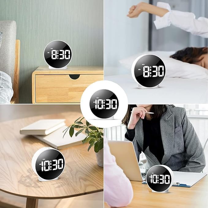 Seafrrzios Dual-Alarm LED Display Desk Clock - 3-Level Dimmable Snooze, Silent Design, Digital Alarm Clock for Bedroom with USB & Type-C Charger Port, Adjustable Alarm Volume (White) 4