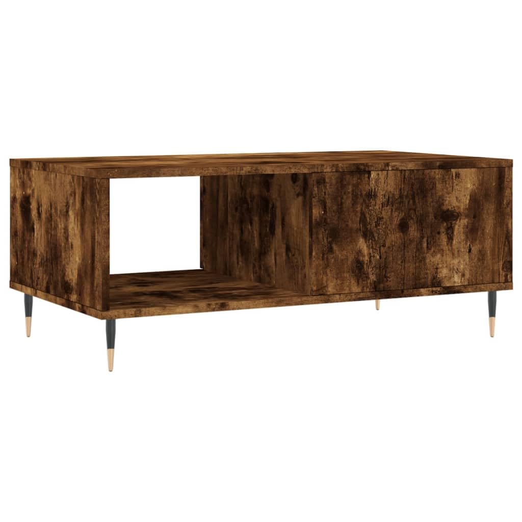 Mesa de centro de roble ahumado 90 × 50 × 36,5 cm, madera, patas de metal, cajón, estante, salón, dormitorio, balcón