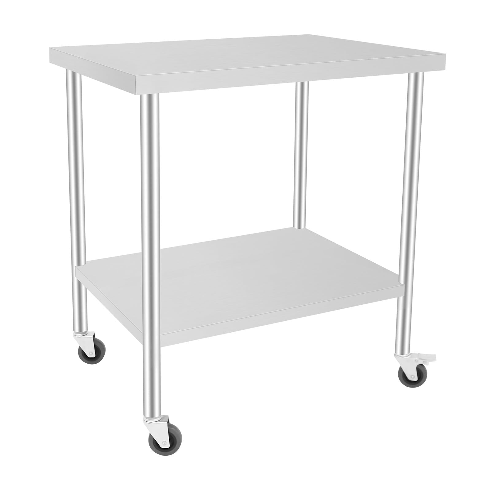 Tisch aus Edelstahl, 2 Etagen mit Rollen, Arbeitsplatte aus Edelstahl 201, dick, für Küche, Restaurant, Servierwagen, 2 Ebenen, 2 Bremsräder, 76 x 60 x 85 cm, 300 kg, 661 lbs
