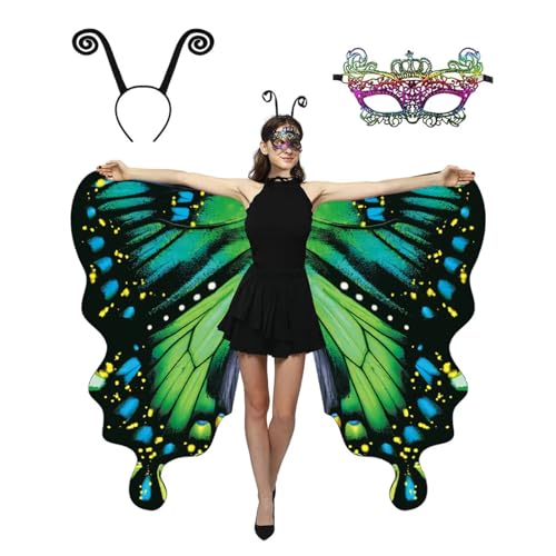 Schmetterling Kostüm Damen mit Doppelseitigem Druck Faschingskostüme Schmetterling Kostüm Erwachsene 3 Set Mit Damen Spitze Maske Geeignet für Karneval Partys Cosplay und Weihnachten 020