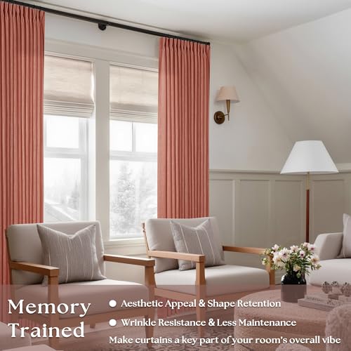 Image of Extra Long Terracotta Linen Curtains 120 Inches Long Red Clay Farmhouse Rustic Curtain Light Filtering Semi Sheer Back Tab Pinch Pleat Curtain for Tall Ceiling Living Room 2 Panels Autumn Fall Decor