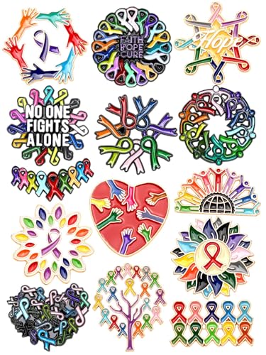 JUNEBRUSHS 28pcs Cancer Awareness Pins Ribbon Lapel Pins for Cancer Fighters Survivors Inspirational Favor Charity Campaign Decor Accessories