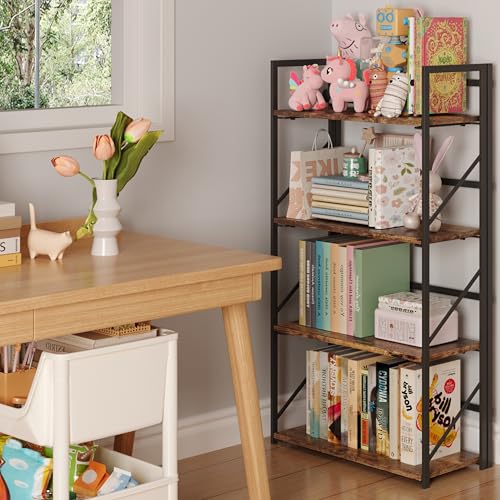 Image of JSB No Assembly Folding Bookshelf, 4 Tier Industrial Metal Book Shelf for Storage, Vintage Wood Foldable Bookcase for Living Room, Bedroom, Office Organization Shelves