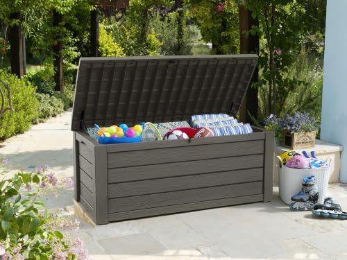 Image of Keter Westwood 150 Gallon Resin Large Outdoor Storage Box for Patio Furniture, Outdoor Cushions, Garden Tools and Pool Floats, Taupe | Taupe, Resin, Large, Weatherproof, Lockable, Hydraulic Pistons, Easy Assembly, Organization, Patio Cushions Storage