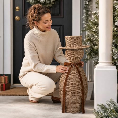 Faux Rattan Resin Snowman Figurine 15 Inch Christmas Decor With Velvet Bow - image 5