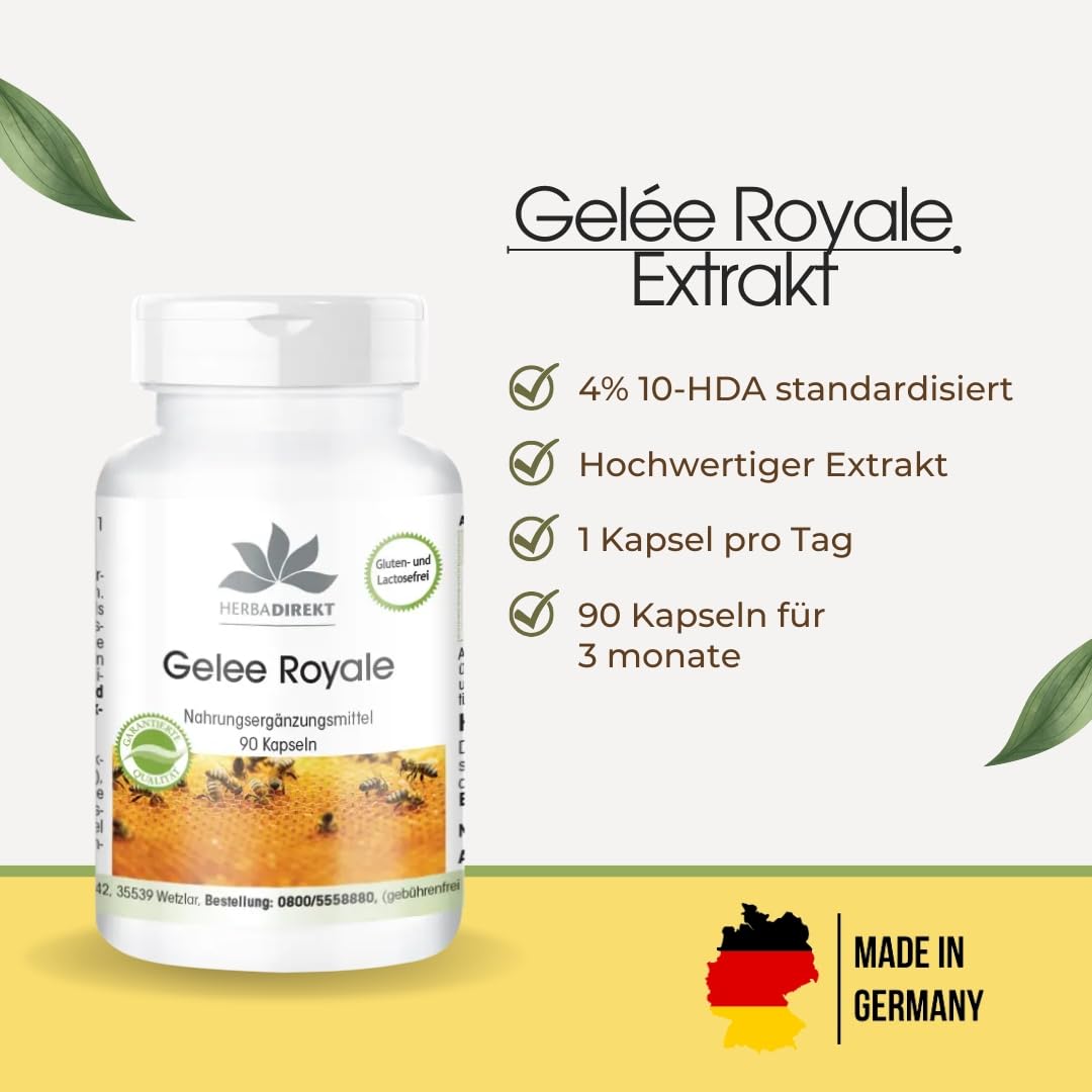 Gelée Royale Extrakt 500mg - 90 Kapseln - schluckfreundlich, 4-fach konzentriert aus 2000mg Gelée Royale - Royal Jelly - hochdosiert | HERBADIREKT by Warnke Vitalstoffe - Deutsche Apothekenqualität