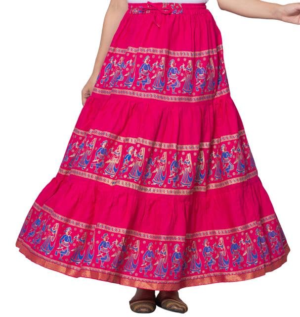 Image of Women's Cotton Printed Long Skirt | Ethnic Folk Print Tiered Maxi Skirt for Women | Elastic Waist Flared Boho Skirt | Traditional Casual for Women