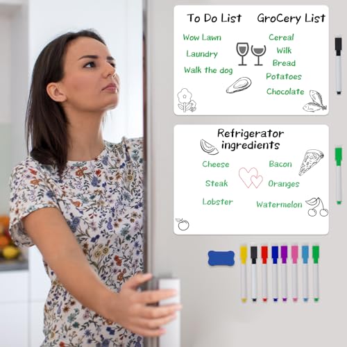 A4（11.7x8.3 Inch） 2 Pcs White Magnetic Dry Erase Whiteboard for Fridge,Small Fridge Message White Boards 8 Pens,1 Eraser,Grocery List Reminder Sticker image 4
