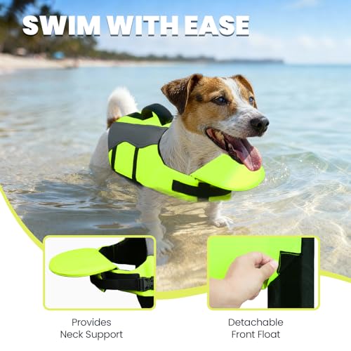 VIVAGLORY Front Float Schwimmweste Hund, Hundeschwimmweste für Bootfahren, Schwimmweste with Kopfstütze, Auftrieb & Schwimmhilfe, M, Neon-Gelb