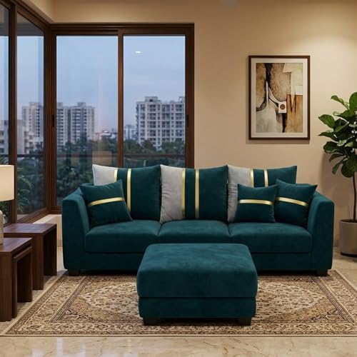 Image of Vero Plush Comfort Sofa Set | 3 Seater with Ottoman | Luxury Velvet Suede Fabric | Modern Living Room Sofa | Green Teal