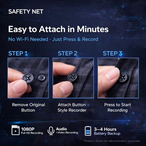 Image of SAFETYNET Non-WiFi Button Style Mini Camera | Full HD 1080P Video Recording | Standalone Body-Worn Camera | 32GB Support | 2-3 Hours Battery Backup | Type-C Charging | Compact & Portable Design