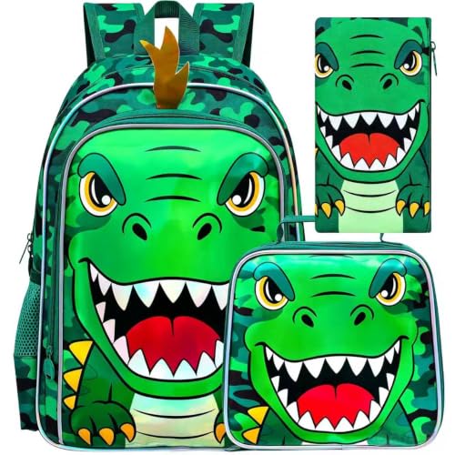 Image of 16 inch Dinosaur Backpack for Boys, 3Pcs Dino Kids Bookbag with Lunch Box, School Backpacks for Elementary Preschool Kindergarten (Green)