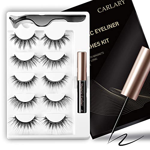 5 Pairs Magnetic Eyelashes and Magnetic Eyeliner Kit, CarLary Magnetic Eyeliner for Magnetic Eyelashes Set, With Reusable 3D Lashes Professional Tweezers(5 Different Styles)