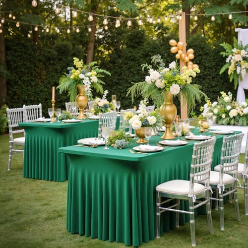 Image of 3 Pack Emerald Green Spandex Tablecloth for 8 Foot Rectangle Tables, Wrinkle Free Fitted Table Cloth Cover 8ft Green Stretchy Tablecloths with Skirt for Parties Weddings Birthday Banquet Baby Shower