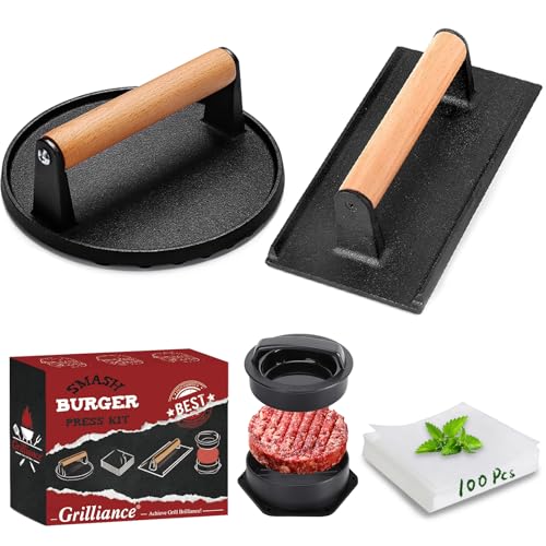 Comparison: Best Cast Iron Burger Press 9 Grilliance 5pcs Smash Burger Press Kit, 3 in 1 Hamburger Press Patty Maker, Cast Iron Burger Press Round & Rectangle, 100pcs Wax Paper for Grill, Griddle, Flat top, Kitchen, Cooking