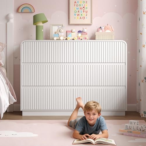 Image of BORNOON Dresser for Bedroom with 6 Drawers, Fluted Chest of Drawers with Round Curved Corner, Hidden Handles, Modern Wood Storage Organizer for Bedroom, Nursery, Living Room