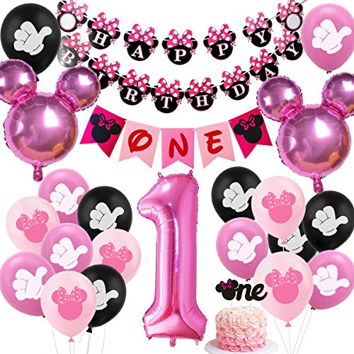 Minnie Themed Birthday Party Supplies Minnie Mouse 1st party Supplies Pink Minnie Balloons One Cupcake Toppers High Chair Banner for Girls First Birthday